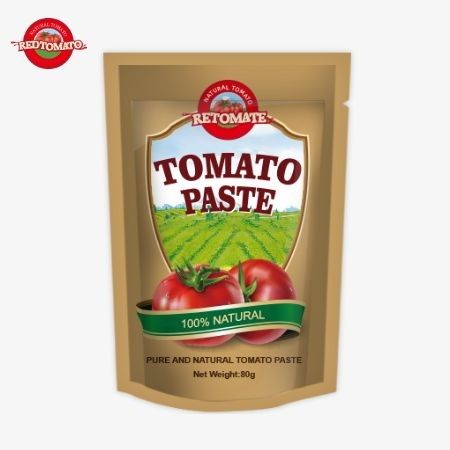 80 g Tomatenpaste in einem Stehbeutel, doppelt konzentriert, Reinheit zwischen 30% und 100%
