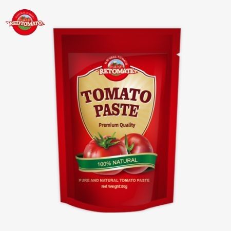 80 g doppelt konzentrierte Tomatenpaste in einem aufrecht stehenden Beutel mit einer Reinheit von 30% bis 100%