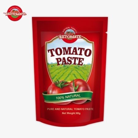 80 g doppelt konzentrierte Tomatenpaste in einem aufrecht stehenden Beutel mit einer Reinheit von 30% bis 100%