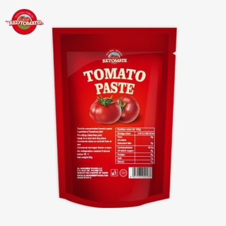Ein 80 g starker Beutel mit doppelt konzentrierter Tomatenpaste mit einer Reinheit von 30% bis 100%