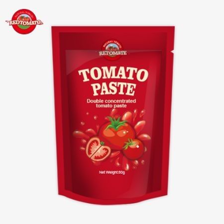 Stand-up-Tasche mit 80 g doppelt konzentrierter Tomatenpaste mit einer Reinheit von 30% bis 100%