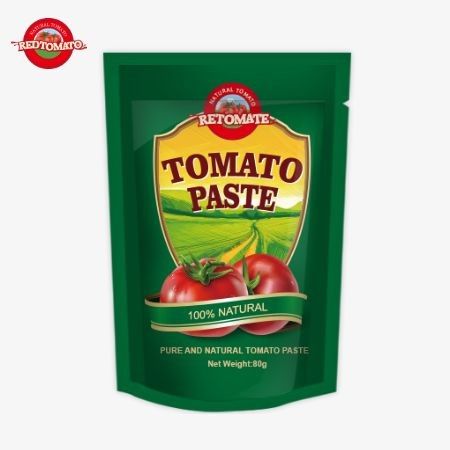80 g Stand-up-Tasche mit doppelt konzentrierter Tomatenpaste wird mit Reinheitsniveaus von 30% bis 100% angeboten