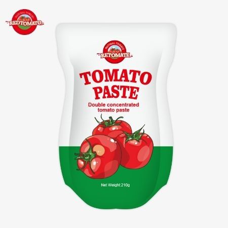 Die 210 g große Stand-up Tomatenpaste erfüllt die ISO HACCP BRC und FDA Produktionsstandards.