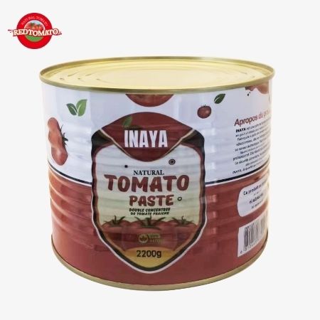INAYA 2200g Tomatenmark in der Dose mit hartem, geöffnetem Deckel, konzentriert auf Brix 28–30 %, erhältlich mit Verpackungsdesign-Dienstleistungen.