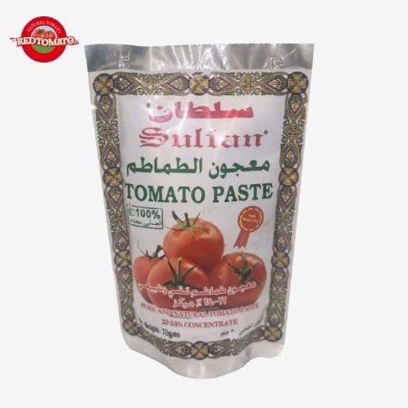 SULTAN Markenqualität Tomatenmark-Sachets erhältlich. Stehende Designs, doppelt konzentriert und mit einem Gewicht von 70g, Brix 22–24%