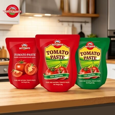 Dieser Standbodenbeutel enthält 56 g doppelt konzentrierten Tomatenmark mit einem Reinheitsbereich von 28 % bis 100 %