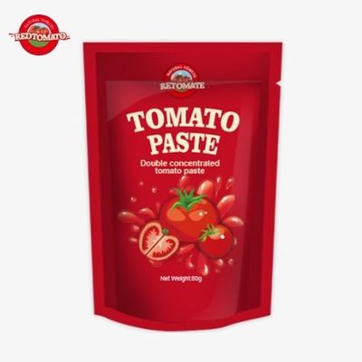 Stand-up-Tasche mit 80 g doppelt konzentrierter Tomatenpaste mit einer Reinheit von 30% bis 100%