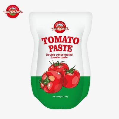 Die 210 g große Stand-up Tomatenpaste erfüllt die ISO HACCP BRC und FDA Produktionsstandards.